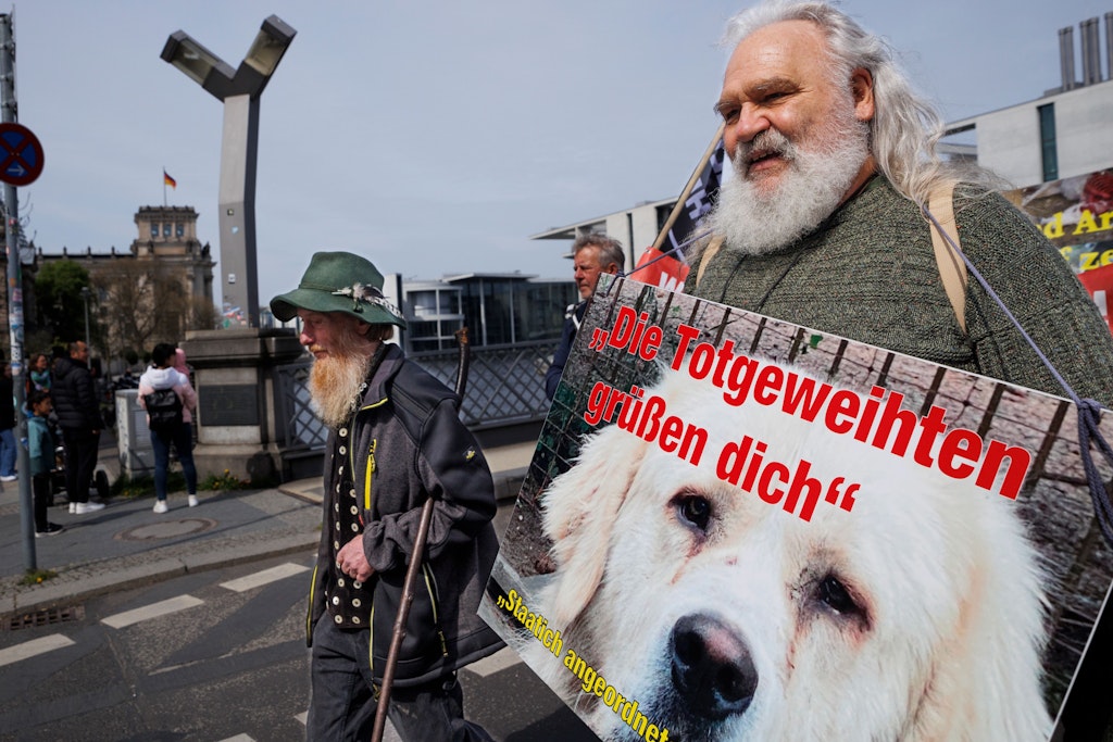Zwei Schäfer protestieren bei der Demonstration 5 nach 12 gegen den Umgang mit Wölfen in der Viehwirtschaft in Deutschland. 