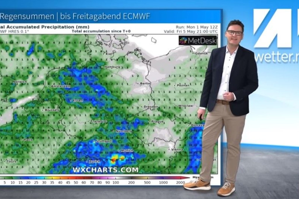 Wetter-Experte Dominik Jung erklärt die Regensummen-Karte - es wird nass in Deutschland in der kommenden Woche.