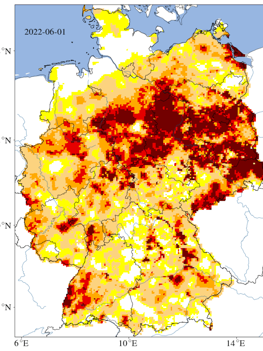 Die Grafik zeigt, wie sich die Trockenheit in tieferen Bodenschichten infolge ergiebiger Regenfälle in den letzten 12 Monaten etwas abgemildert hat.