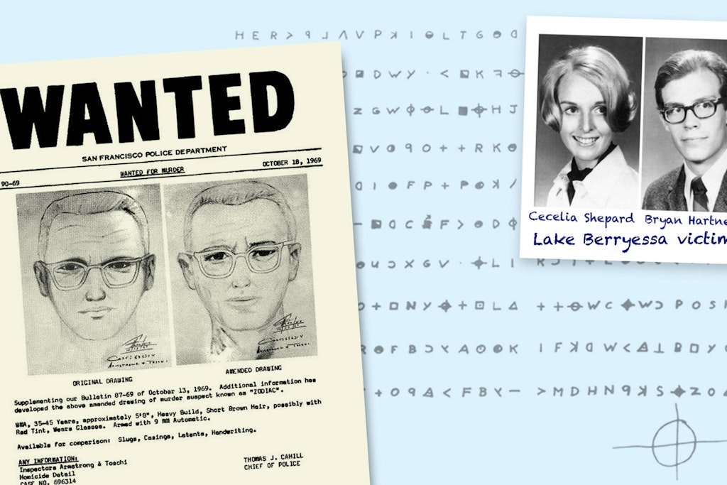 Ein Fahndungsplakat mit einer Zeichnung des Zodiac-Killers. Rechts zwei der Opfer des Serienmörders. Der Täter sendete kryptische Nachrichten an die Zeitungen in der Bay Area.