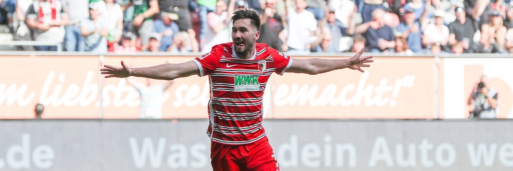 Torjubel von Augsburgs Dion Beljo gegen den 1. FC Union. 