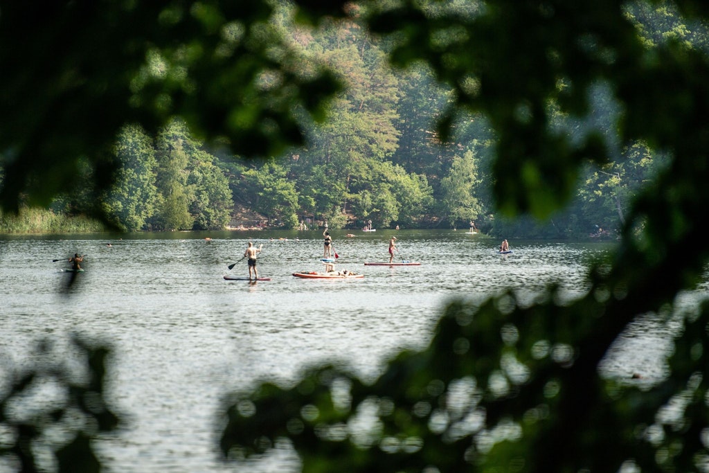 Stand-Up Paddler auf dem Schlachtensee: Wassertemperaturen bis zu 17 Grad laden fast zum Abtauchen ein.