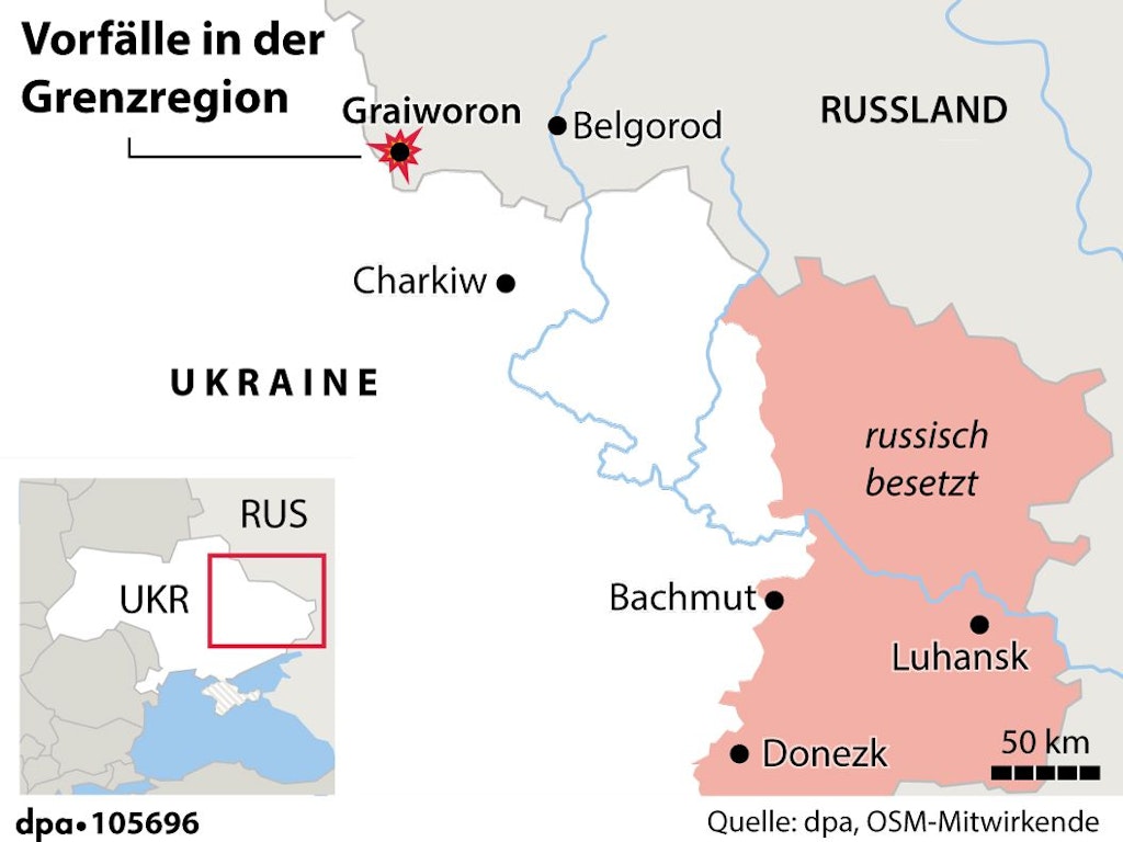 Die Karte zeigt, wo sich in der russischen Region Belgorod Kämpfe abgespielt haben. Die Stadt Belgorod selbst ist keine hundert Kilometer vom ukrainischen Charkiw entfernt.