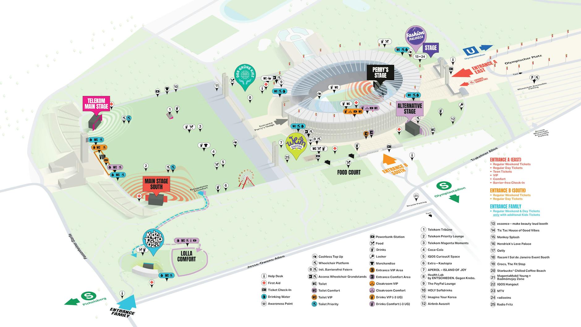 Der Lageplan: So sieht Lollapalooza 2025 – mit sechs Bühnen, zwei Eingängen, einem Food Court und vielen Buden.
