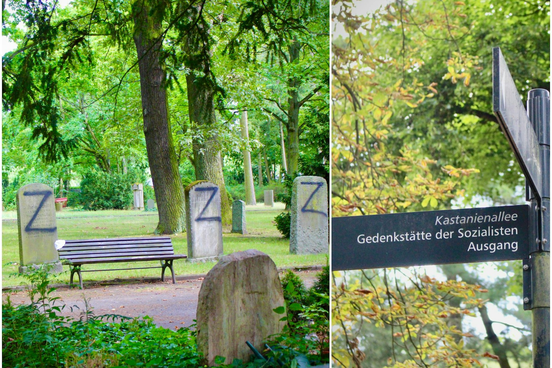 Willkürlicher Vandalismus: Über den Inschriften der Grabsteine prangt ein großes, gesprühtes „Z“. Mal in Pink, mal in Schwarz, mal in Weiß. Ganze Reihen wurden beschmiert, andere vereinzelt ausgelassen. Ein Muster ist nicht zu erkennen.