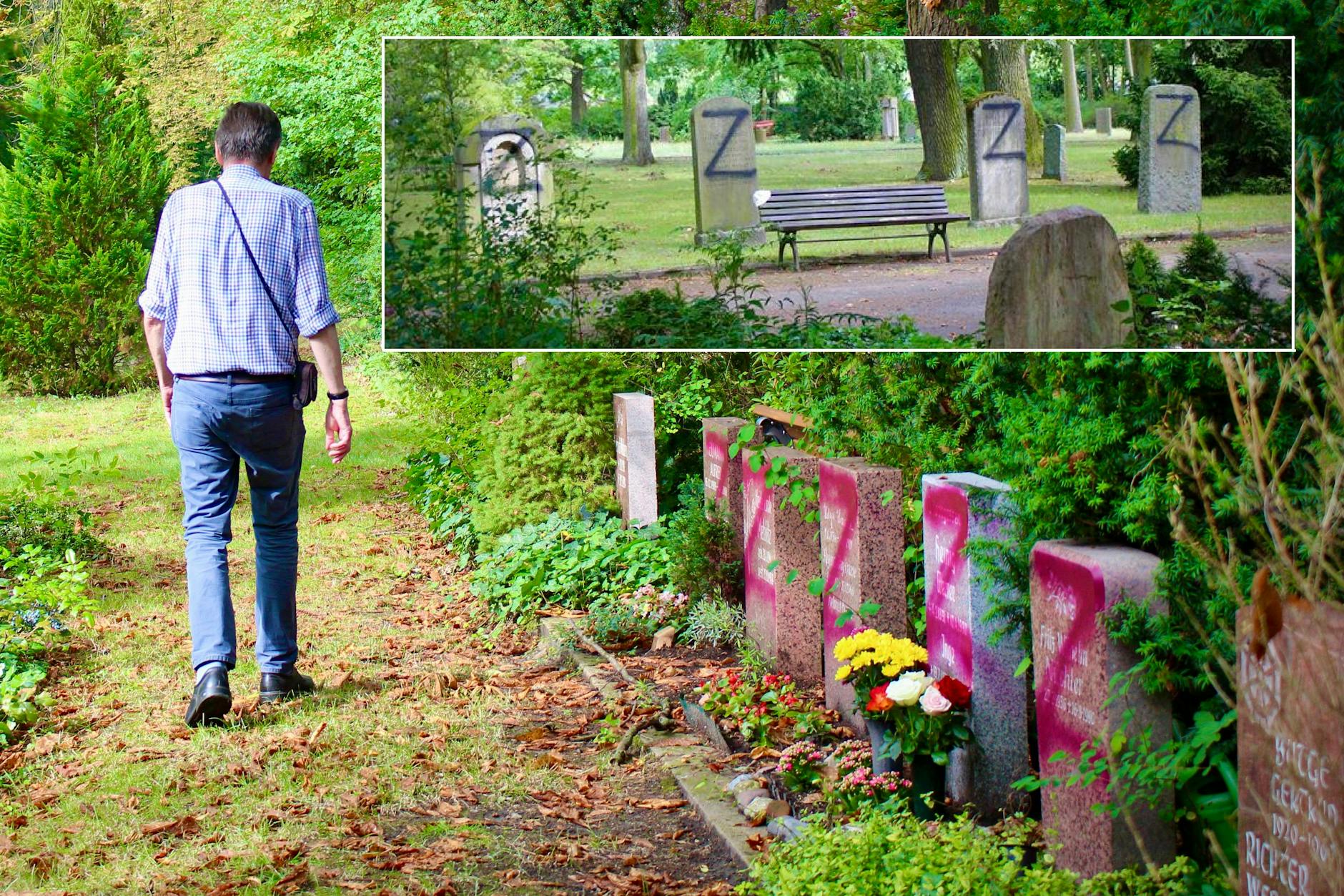 Schrecklicher Vandalismus auf dem Friedhof in der Gudrunstraße in Lichtenberg: Unbekannte sprühten ein „Z“ auf mehr als 100 Grabsteine. Hans, ein Berliner, der den Friedhof regelmäßig besucht, ist bestürzt über die Attacke.