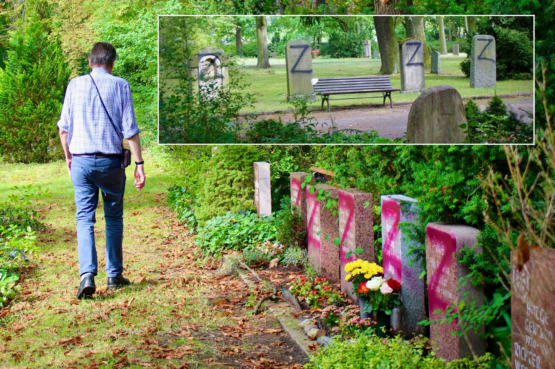 Schrecklicher Vandalismus auf dem Friedhof in der Gudrunstraße in Lichtenberg: Unbekannte sprühten ein „Z“ auf mehr als 100 Grabsteine. Hans, ein Berliner, der den Friedhof regelmäßig besucht, ist bestürzt über die Attacke.