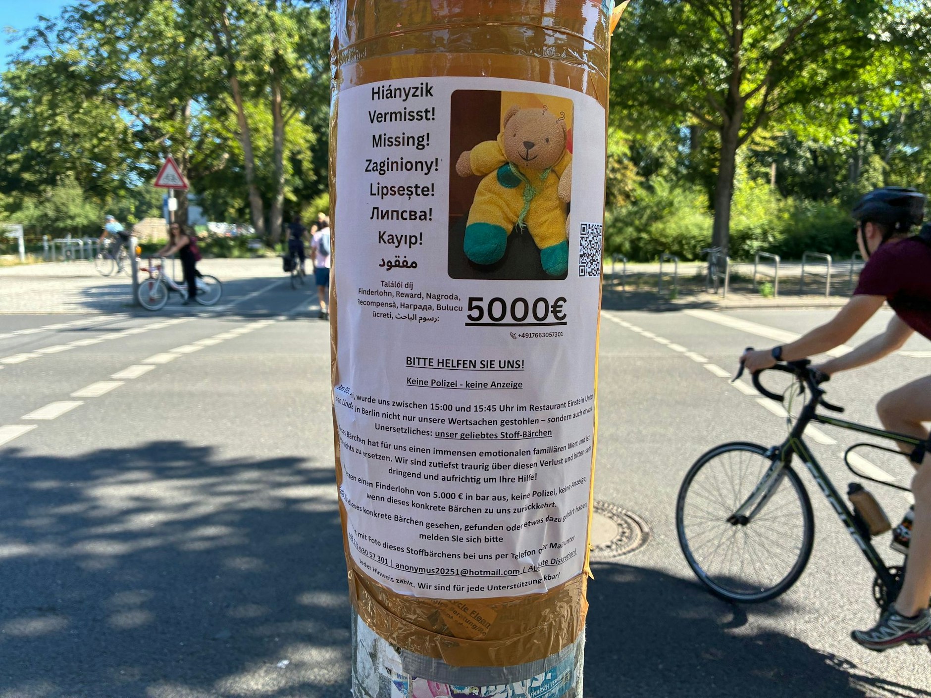 Mit Flugblättern wird nach dem Teddy gefahndet. Die Belohnung wurde inzwischen auf satte 5000 Euro erhöht.