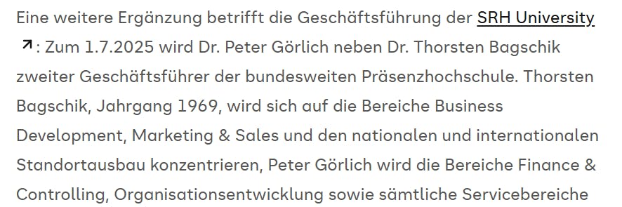 Hier steht es schwarz auf weiß: Die SHR University Heidelberg gab am 1. Juli bekannt, dass Dr. Peter Görlich neuer Geschäftsführer ist.
