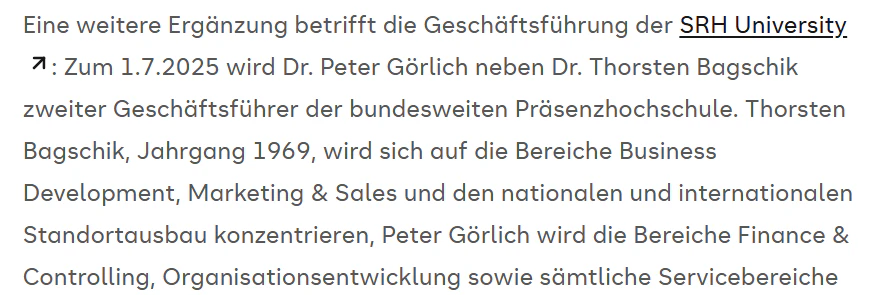 Hier steht es schwarz auf weiß: Die SHR University Heidelberg gab am 1. Juli bekannt, dass Dr. Peter Görlich neuer Geschäftsführer ist.
