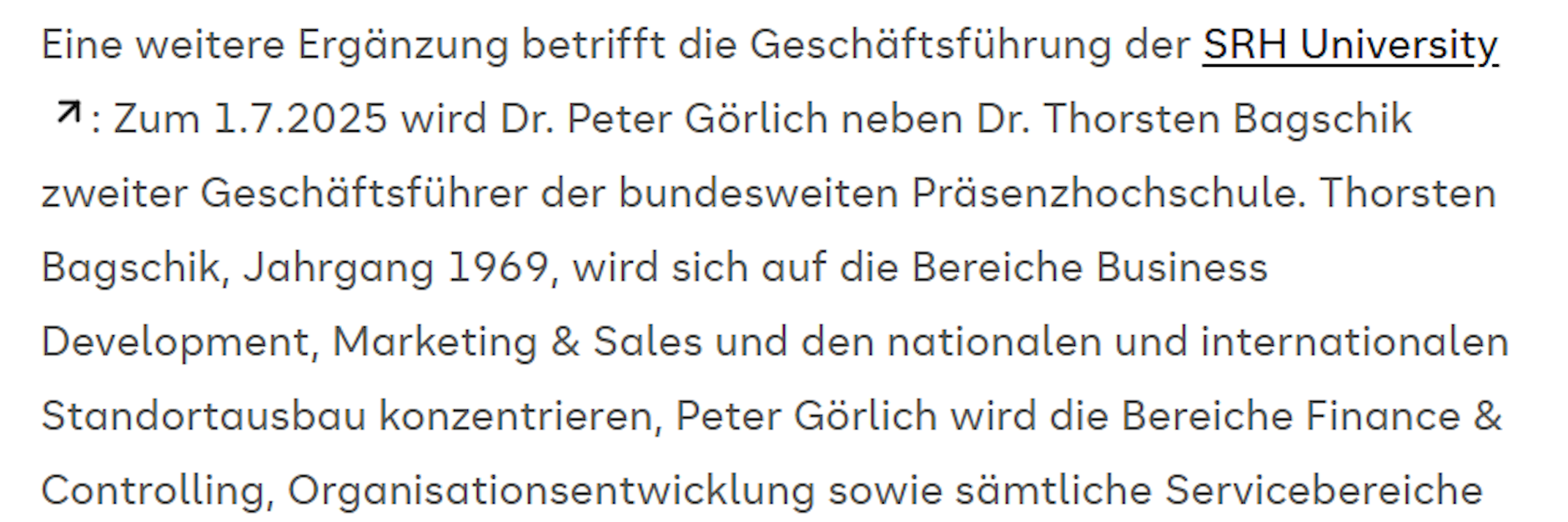 Hier steht es schwarz auf weiß: Die SHR University Heidelberg gab am 1. Juli bekannt, dass Dr. Peter Görlich neuer Geschäftsführer ist.