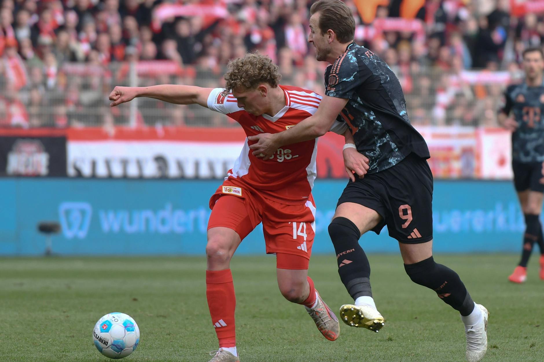 Kein vorbeikommen: Selbst Weltstar Harry Kane (31) vom FC Bayern biss sich beim 1:1 gegen den 1. FC Union die Zähne an Leopold Querfeld (21) aus.