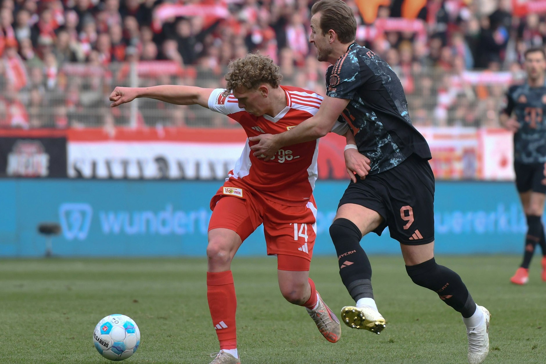 Kein vorbeikommen: Selbst Weltstar Harry Kane (31) vom FC Bayern biss sich beim 1:1 gegen den 1. FC Union die Zähne an Leopold Querfeld (21) aus.