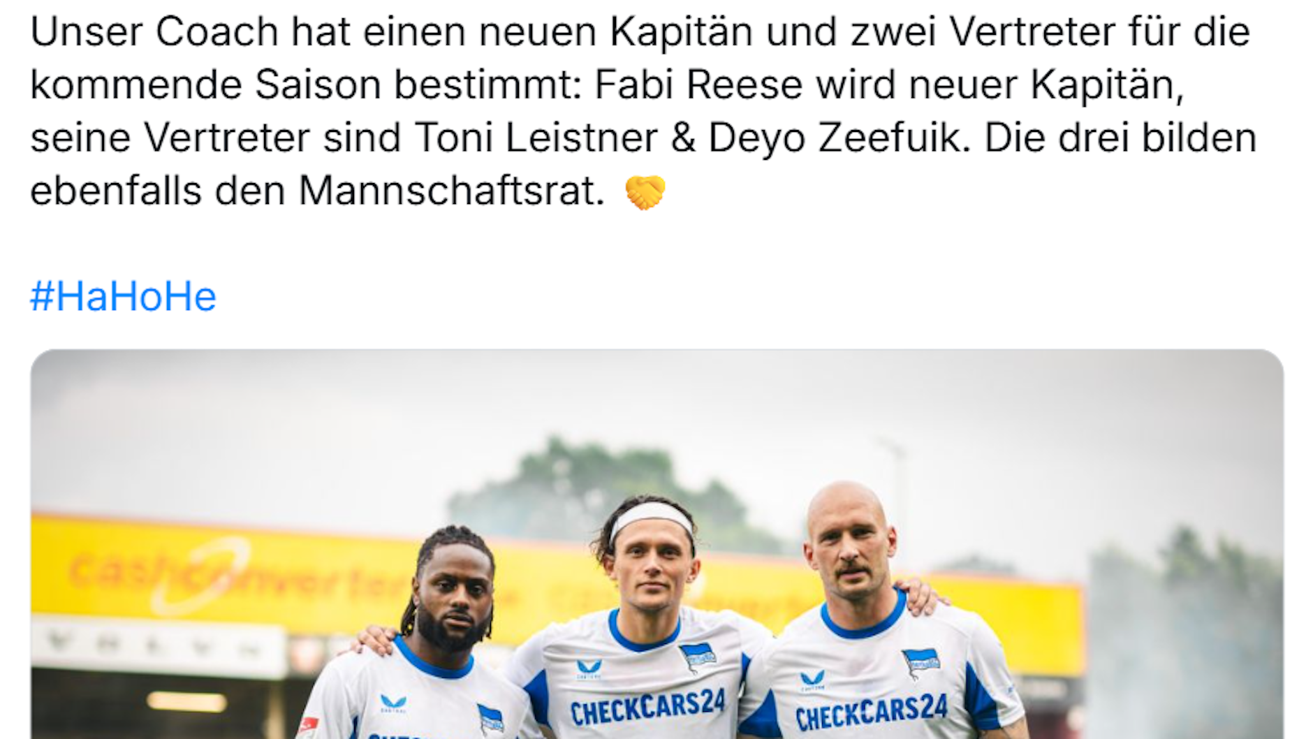 Hertha BSC verkündete die Leitl-Entscheidung im Internet: Fabian Reese ist neuer Kapitän, Toni Leistner und Deyo Zeefuik sind seine Stellvertreter.
