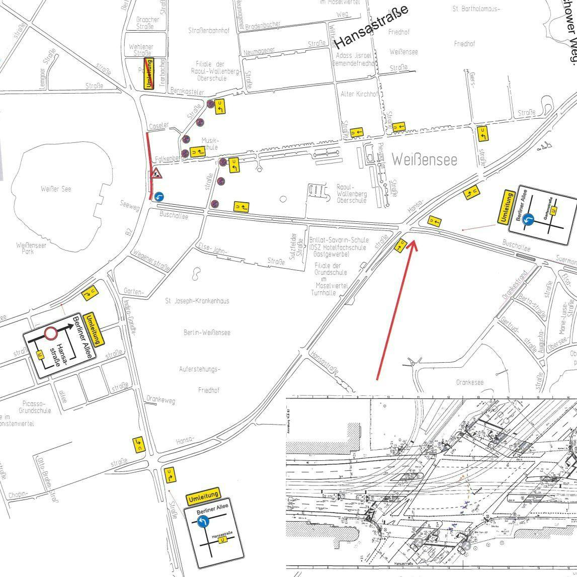Die Berliner Allee ist auf 250 Metern komplett gesperrt: Die Umleitung führt über Indira-Gandhi-Straße, Hansastraße, Falkenberger Straße und Bernkasteler Straße.