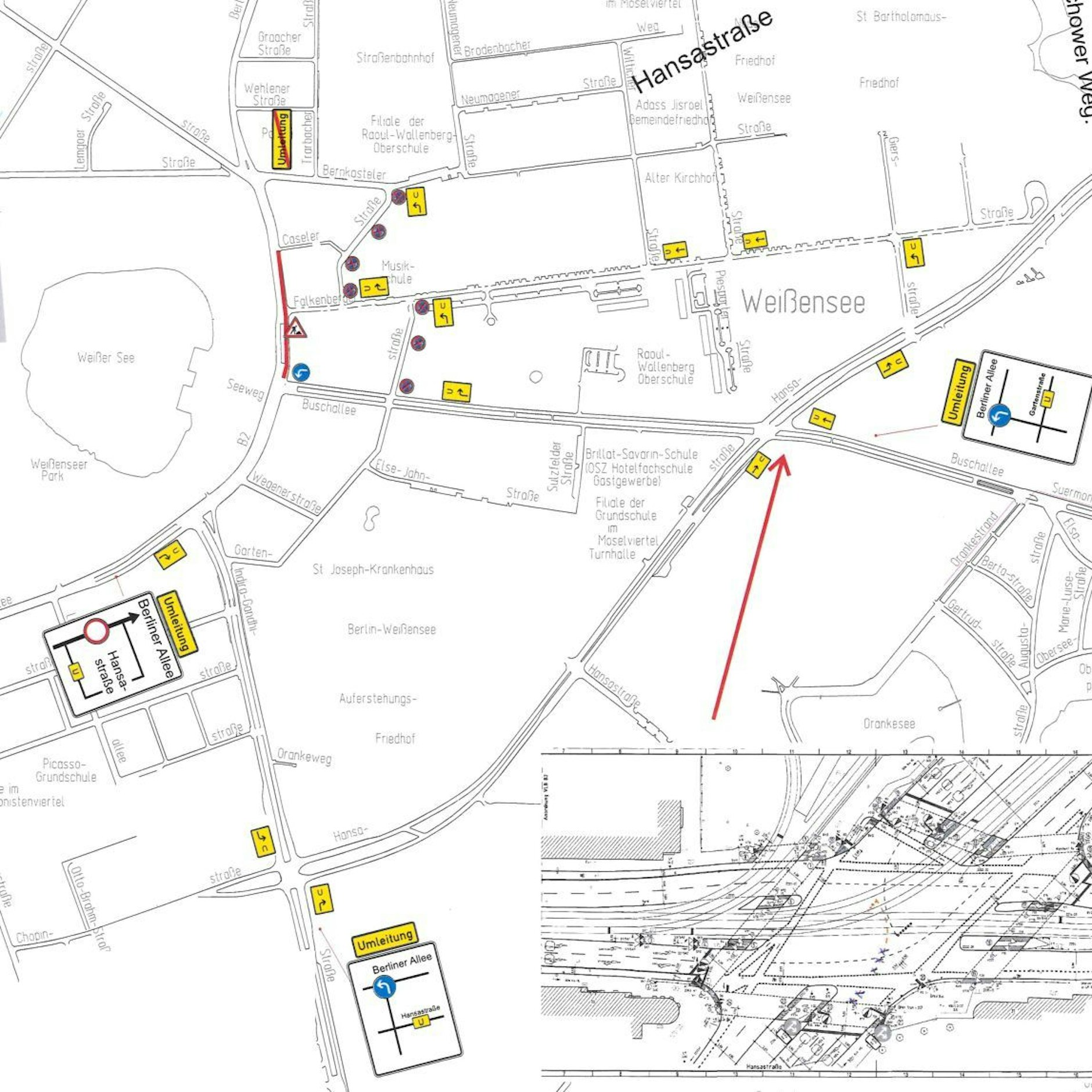 Die Berliner Allee ist auf 250 Metern komplett gesperrt: Die Umleitung führt über Indira-Gandhi-Straße, Hansastraße, Falkenberger Straße und Bernkasteler Straße.