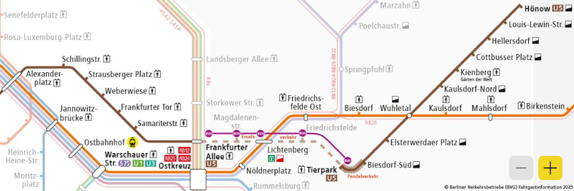 Zwischen den U-Bahnhöfen Tierpark und Frankfurter Allee fahren nur noch Busse. Zwischen Tierpark und Biesdorf Süd gibt es Pendelverkehr.