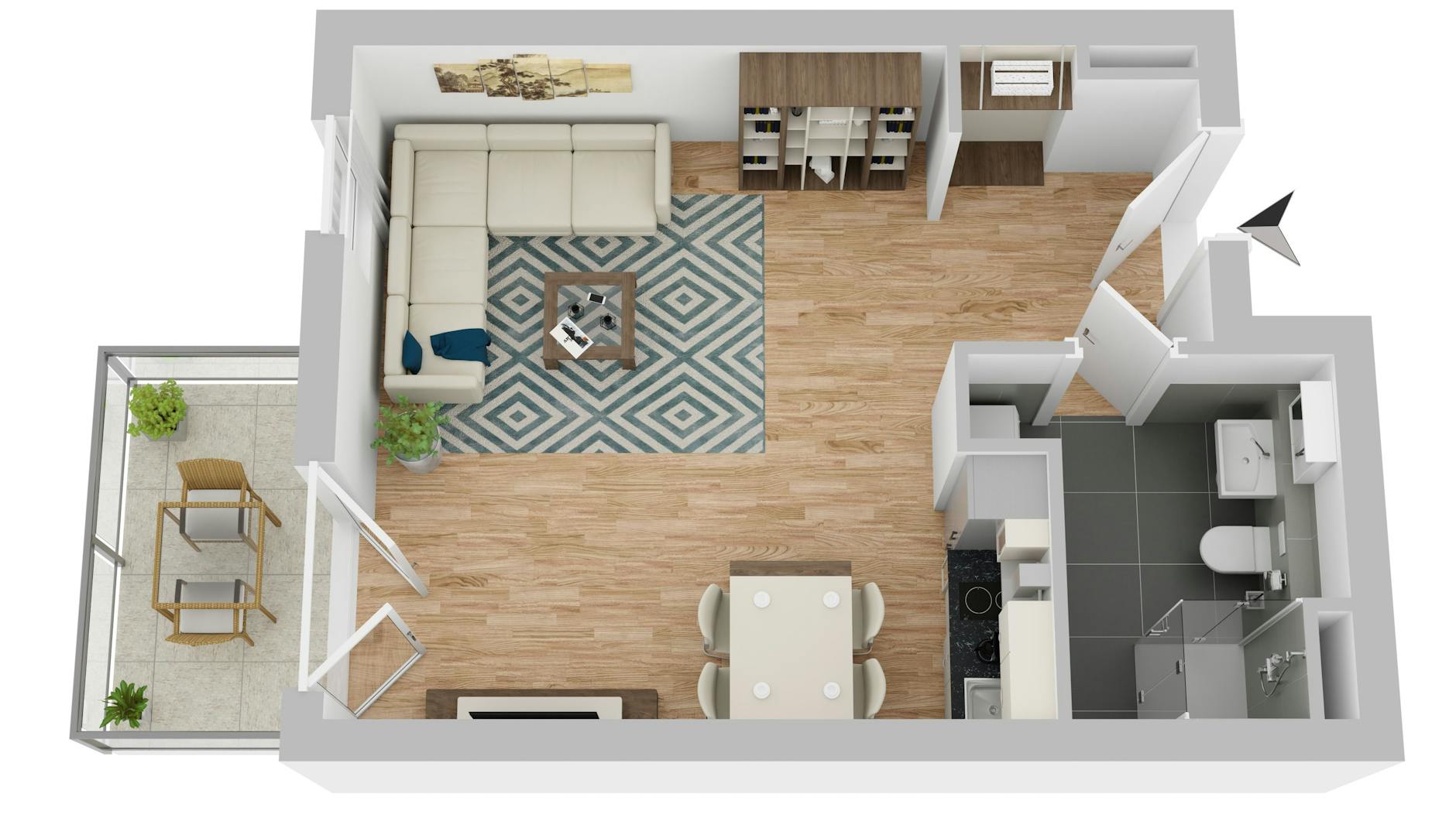 Ein virtueller Blick in die Wohnung für 395,20 Euro: So ist das Zimmer mit Duschbad, offener Küche und Balkon geschnitten. Die Möbel sind natürlich nicht inklusive, sondern nur ein Beispiel für eine künftige Einrichtung.