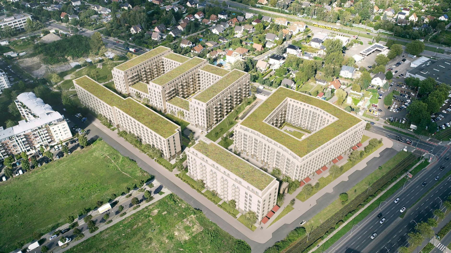 Vier Gebäuderiegel mit 1548 Wohnungen: So soll das Wohngebiet „Weiße Taube“ aussehen.