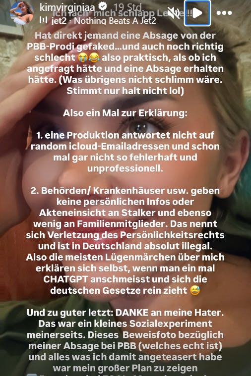Kim Virginia veröffentlichte ein Statement zu den Gerüchten.