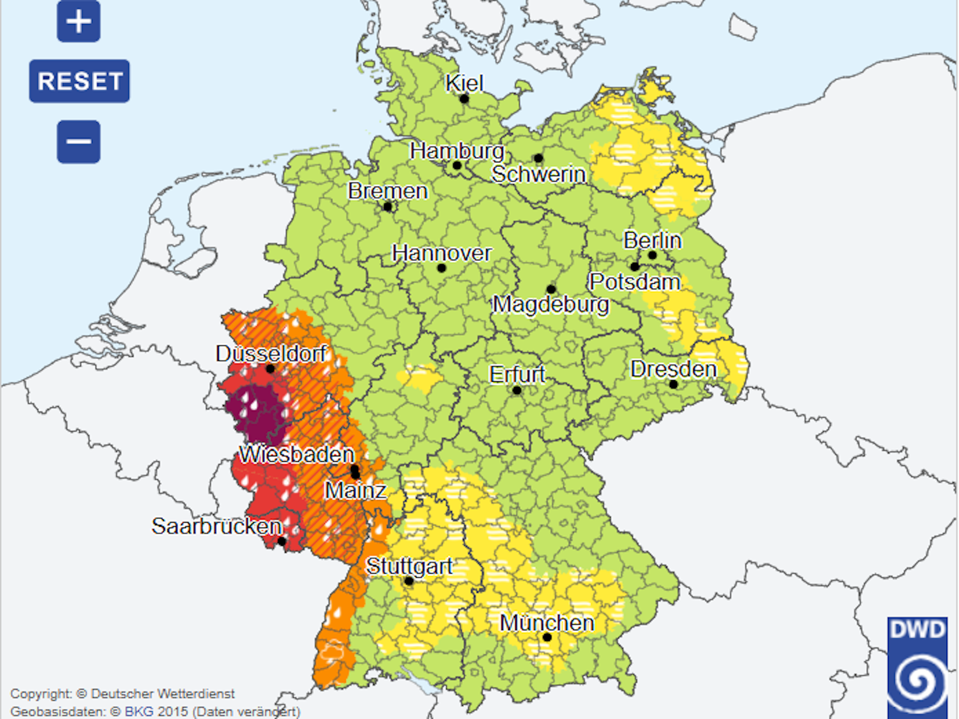 Am Morgen ziehen Unwetter im Westen Deutschland aus. Je dunkler der Rotton auf der Karte des Deutschen Wetterdienstes ist, desto gefährlicher sind die Regenfälle. Höchste Warnstufe gilt zurzeit im Gebiet zwischen Köln, Aachen und Prüm. Gelb heißt, dass es eine Wetterwarnung der Stufe 1 gibt.
