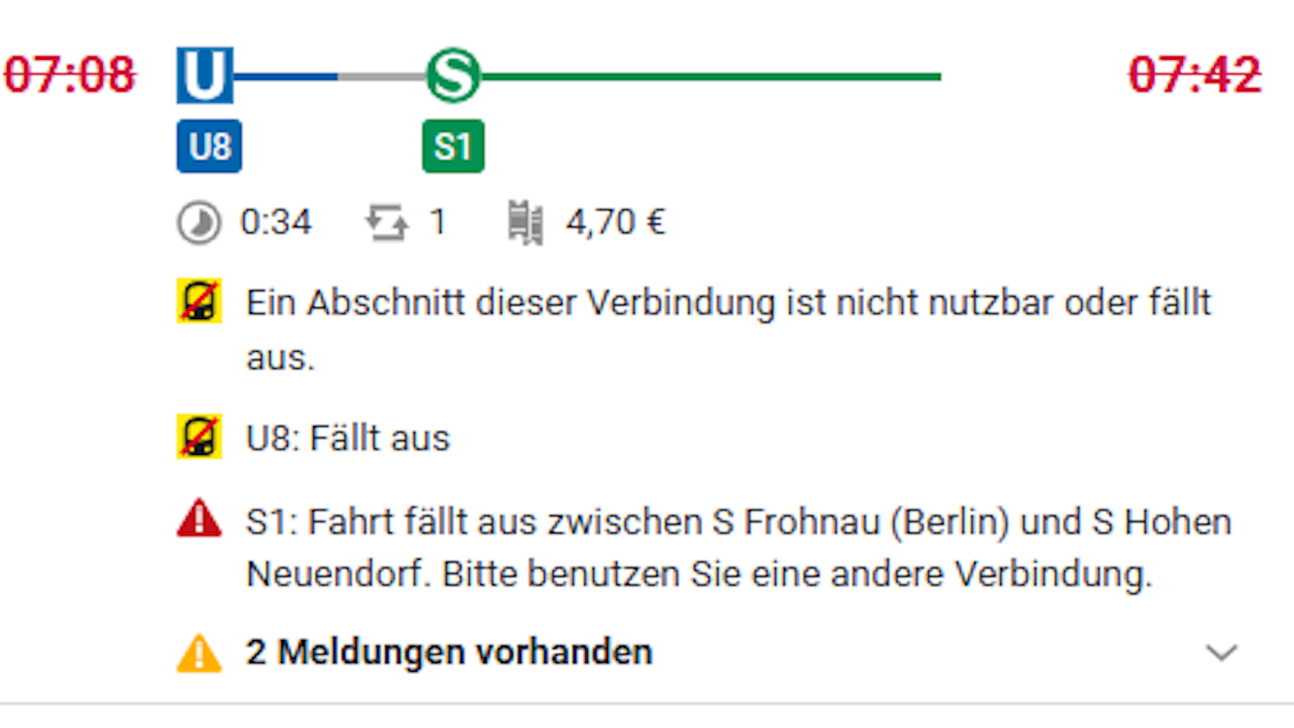 In der Fahrplanauskunft der S-Bahn wird diese Verbindung als gestrichen angezeigt. 
